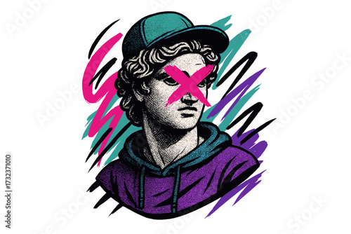 Pop art Greek statue bust in modern streetwear. Vaporwave graffiti graphic with abstract strokes. Anti-establishment, cool hipster design for t-shirt print. Retro 80s style.