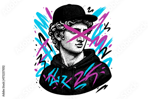 Vaporwave street art with ancient Greek statue in hoodie. Anti-establishment, hipster graphic for t-shirt print. Urban culture meets classical art. Halftone marble bust vector.