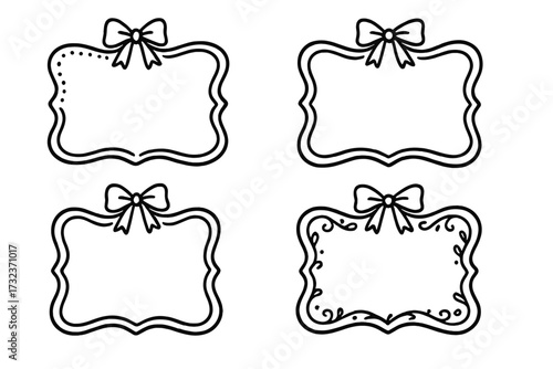 Vintage frame set with bow in hand drawn doodle style. Elegant retro border collection for greeting card, wedding, menu, or birthday party invitation. Wavy decorative label.