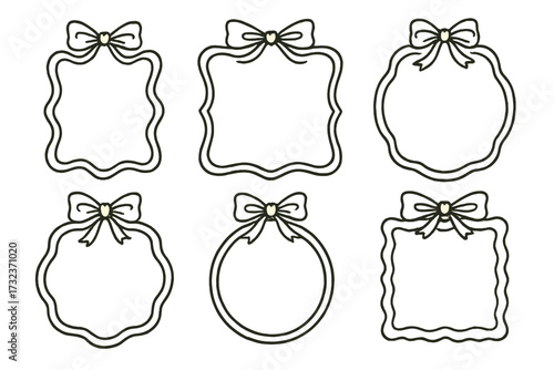 Vintage frame set. Hand drawn doodle style borders with bow. Elegant collection for wedding invitation, birthday greeting card, menu or retro party. Wavy decorative labels.