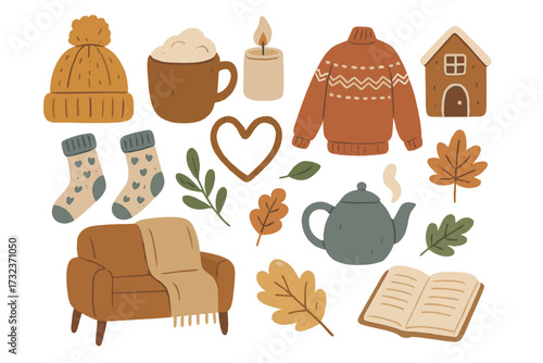 Winter hygge clipart set of cozy home elements. Hand drawn illustration of warm autumn lifestyle. Vector collection with sweater, candle, book, tea, socks, armchair, and leaves.