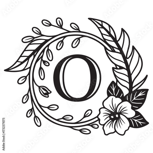 Floral letter o monogram isolated on white background, adorned with delicate leaves and a blooming flower wreath design