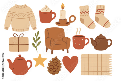Cozy winter hygge clipart set. Hand drawn flat illustration collection of warm home elements like a sweater, hot chocolate, tea, candle, comfy armchair, socks, and plaid vector.
