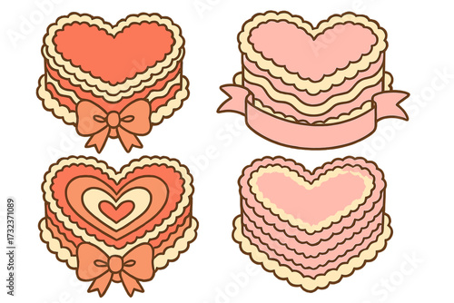 Set of retro heart shaped cakes in a groovy coquette style. Vector cartoon illustration of vintage valentine's day desserts with ribbon bows and banner for romantic design.
