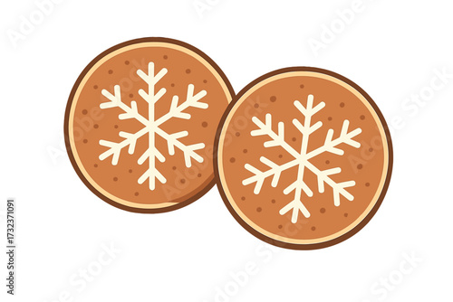 Christmas gingerbread cookies with snowflake icing. Two round festive biscuits. Vector illustration of a traditional winter holiday sweet dessert. Isolated ginger snap food element.