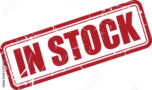 Red distressed rectangle stamp with white text in stock