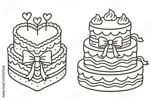 Vintage cakes set with coquette bows. Heart shape and round multi-tiered dessert for wedding or birthday. Hand drawn linear doodle. Valentine's day pastry vector illustration.