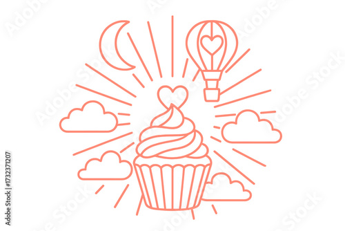Romantic Valentine's Day cupcake illustration. Sweet bakery dessert with heart. Fantasy line art concept with hot air balloon, moon, clouds. Love, dream, celebration vector.