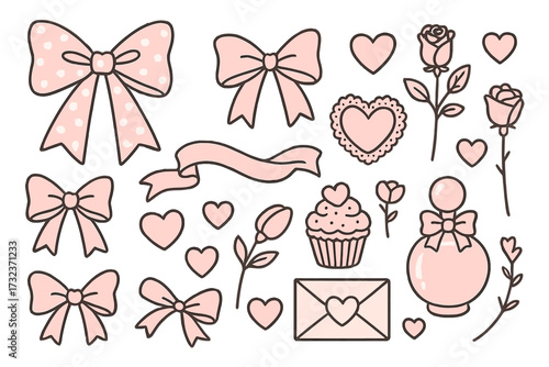 Valentine's day coquette clipart set. Cute romantic aesthetic elements. Hand drawn vector illustration of bows, pink ribbon, hearts, rose, love letter, cupcake, perfume.