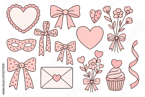 Valentine's day coquette clipart set. Cute romantic aesthetic elements. Hand drawn vector illustration with pink bow, heart, flower, love letter, cupcake, and ribbon.