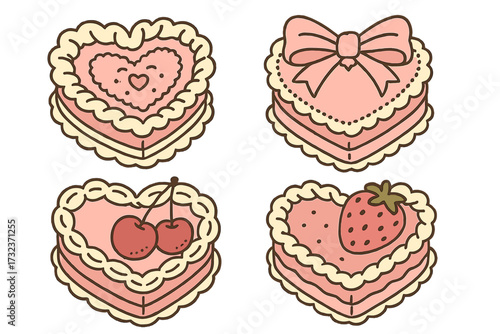Vintage Coquette Cakes set. Hand drawn vector illustration of heart shaped bakery desserts for Valentine's day. Cute pink cartoon pastry with cherry, strawberry and bow.