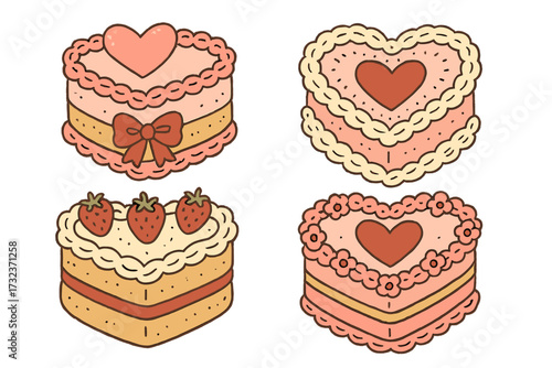 Vintage coquette cakes set. Cute heart shape bakery dessert collection for Valentine's day. Hand drawn vector illustration in flat doodle style. Romantic pastry with strawberry.