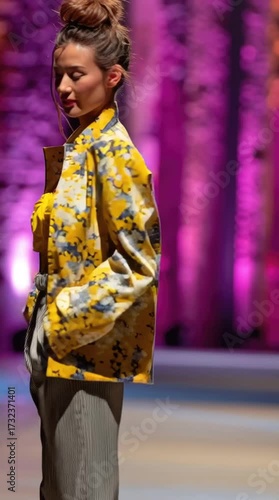 Fashion Show Model in Yellow Floral Jacket and Gray Pants