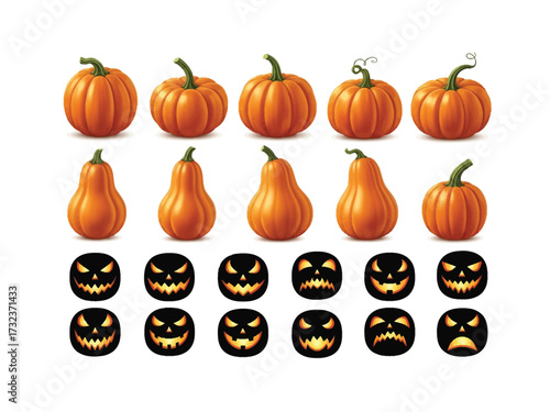 Harvest Array: A vibrant collection of pumpkins and jack-o'-lanterns, exuding the essence of autumn harvest and Halloween spirit, a photorealistic and well-lit depiction.