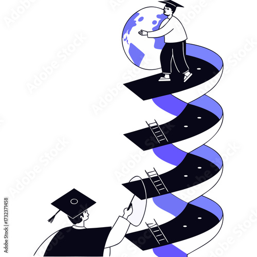 Graduation caps ascend a spiral staircase towards a globe