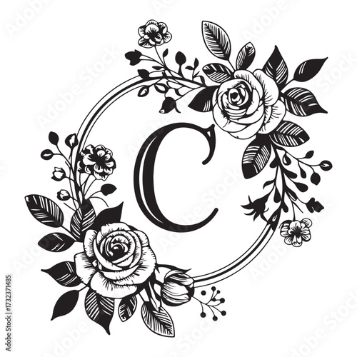 Elegant floral letter c monogram isolated on white background, embellished with roses and botanical elements for a sophisticated design