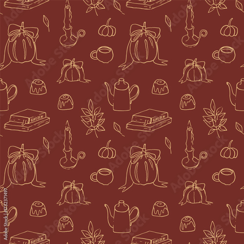 Autumn seamless pattern with elegant pumpkins with bow, books, tea, candles. Hand drawn line art style cozy elements. Whimsical fall aesthetic background. Cozy cottagecore autumn pattern, vector
