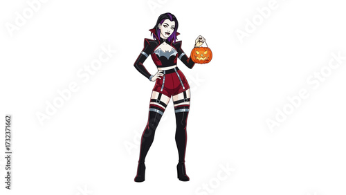 Vampire Girl with a Pumpkin Basket: A stunning vampire girl in an exquisite costume, poised confidently, holding a charming pumpkin basket. The perfect blend of allure and festivity.