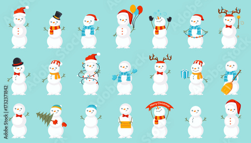 Christmas snowman character. Cartoon snowman. Cartoon winter holidays snowman. Snowman icons