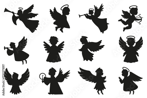 Christmas angel character silhouette. Set of black Christmas angel icons. Angel silhouette for Christmas greeting card, invitation