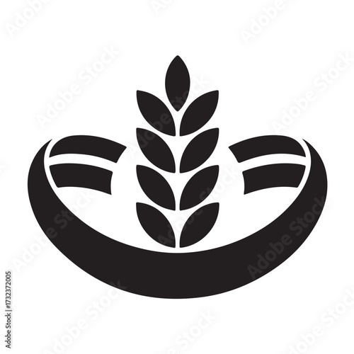 A black stylized graphic of a wheat stalk emerging from a curved base with two curved elements on the sides, isolated on white background technology background