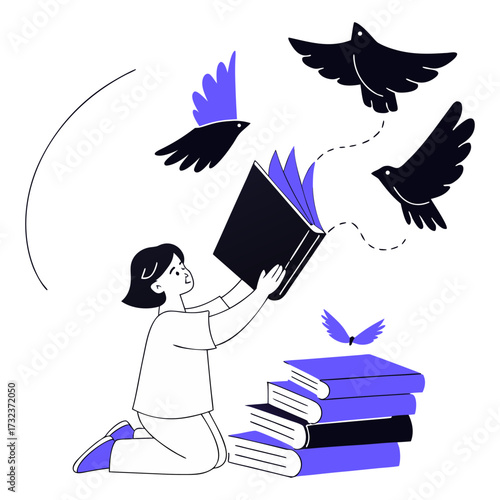Girl reading book releasing birds of imagination and knowledge