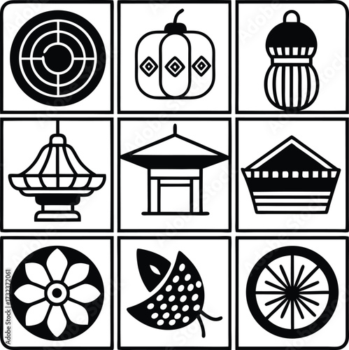 Collection of nine distinct asian inspired graphic icons featuring traditional symbols and objects for design projects and cultural themes