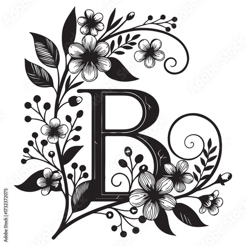 Floral letter b illustration isolated on white background, featuring delicate botanical details and a vintage typography style