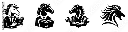 Modern Minimalist Wild Mustang Icon, Flat Silhouette of a Half-Body Horse Reading a Book Vector for Wildlife Illustration Design