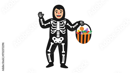 Halloween Delight: A young person in a detailed skeleton costume extends a friendly greeting while clutching a vibrant basket filled with treats, celebrating the joy of Halloween night and candy.