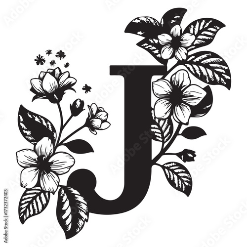Floral initial letter j isolated on white background, decorated with blooming flowers and intricate botanical elements in black and white