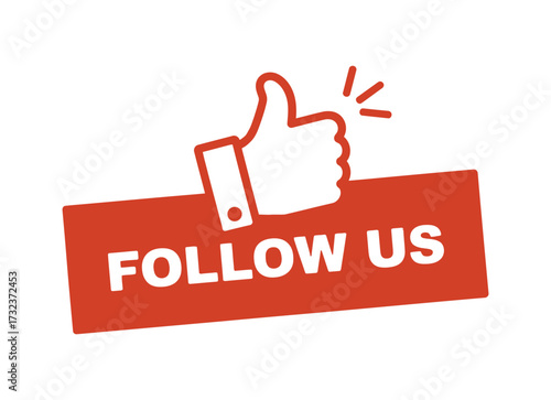 Thumbs up icon and follow us text on a red banner for social media engagement