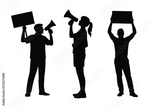 Silhouettes of people protesting with signs and megaphones against a white background