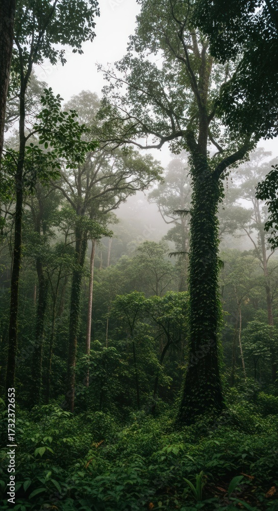Obraz premium Lush Rainforest Canopy - A Misty Morning in the Jungle.