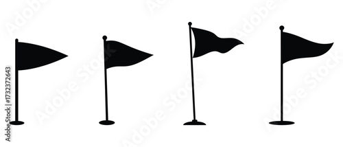 Four black flags on poles waving in the wind against a white background