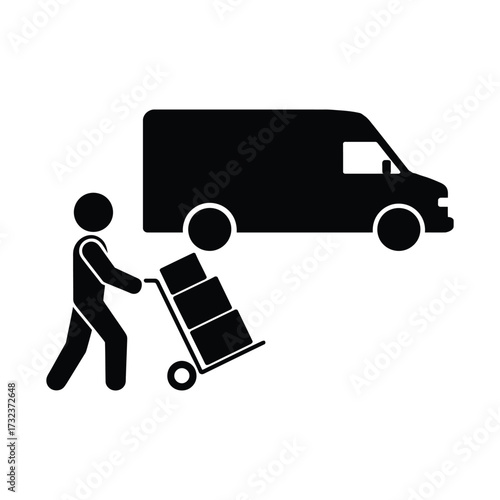 Delivery driver pushing a hand truck with boxes towards a cargo van