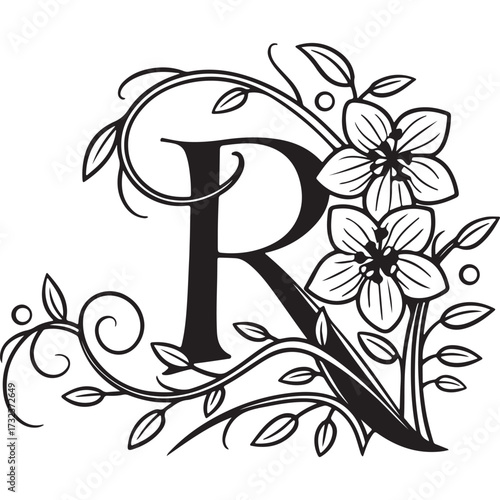 Letter r floral monogram isolated on white background, a decorative initial with flowers and foliage in black and white