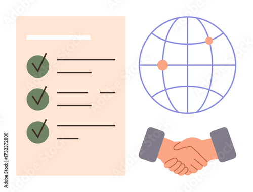 Checklist with green checkmarks, globe with points, and handshake representing trust, partnership, global collaboration, agreement, responsibility, teamwork and task management. Ideal for success