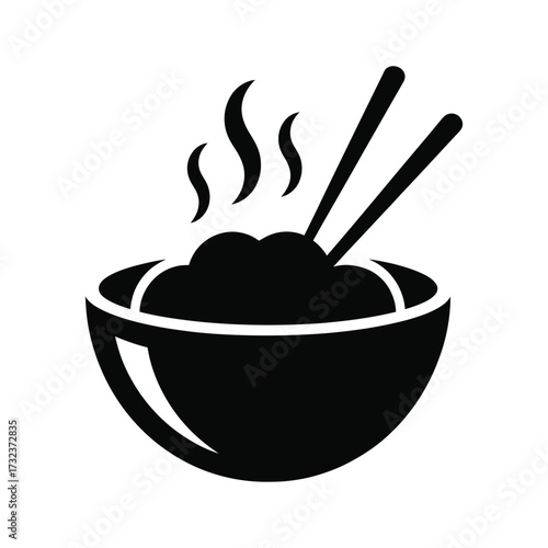 Simple black and white illustration of a steaming bowl of rice with chopsticks