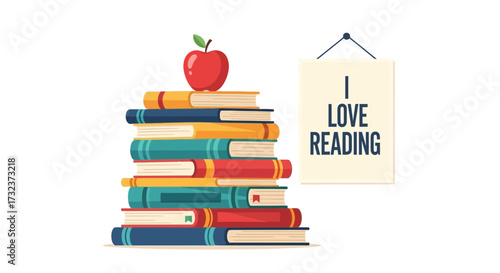 A Vibrant Stack of Books with an Apple and Reading Message for Education Lovers
