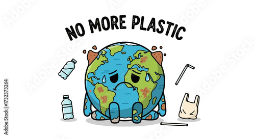 Cartoon earth crying due to plastic pollution and global warming awareness campaign illustration