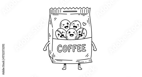 Cartoon coffee bean bag with happy coffee beans inside bringing joy and enthusiasm