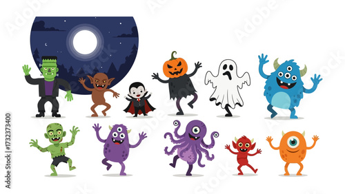 Halloween Monsters Parade: A vibrant array of adorable cartoon monsters, each exuding unique charm and festive Halloween spirit, dancing joyfully beneath a whimsical night sky.