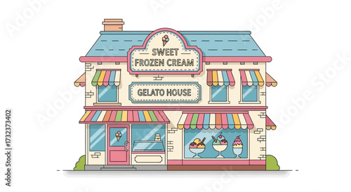 Charming cartoon illustration of a vintage gelato house perfect for sweet treat lovers