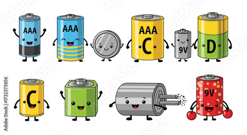 Energized battery cartoon characters displaying different types for children's books