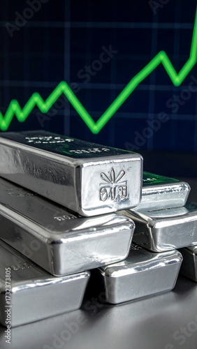 Silver ingots stack against a chart