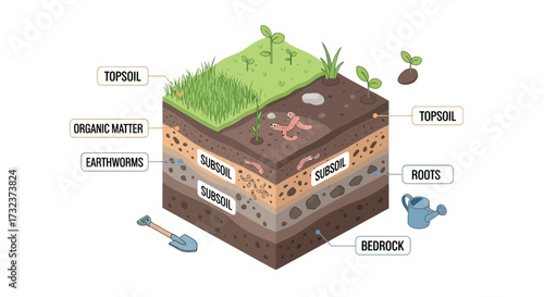 Illustrated soil layers formation with plants earthworms roots shovel and watering can