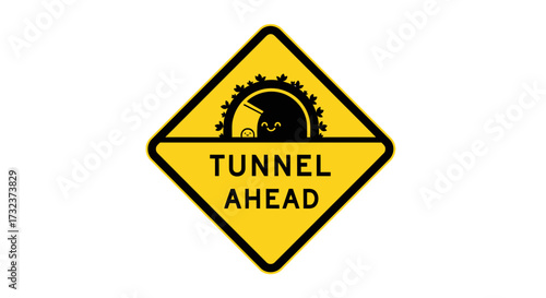 Humorous road safety sign showcasing a tunnel with playful characters ahead warning