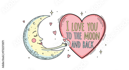 Illustrative cartoon image featuring a moon's affection towards a heart expressing boundless love