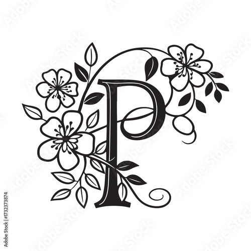 Elegant letter p adorned with delicate floral elements, isolated on white background, creating a sophisticated monogram design